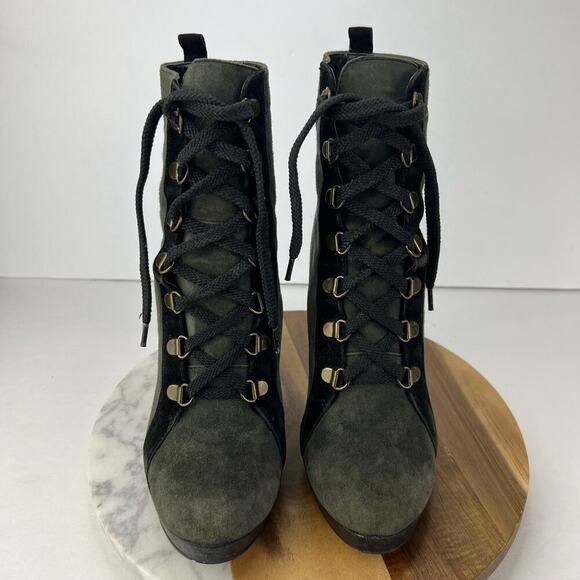 Colin Stuart Black Green Leather Suede Lace Up Steampunk Boots 8.5 Chunky Heel - Picture 2 of 10